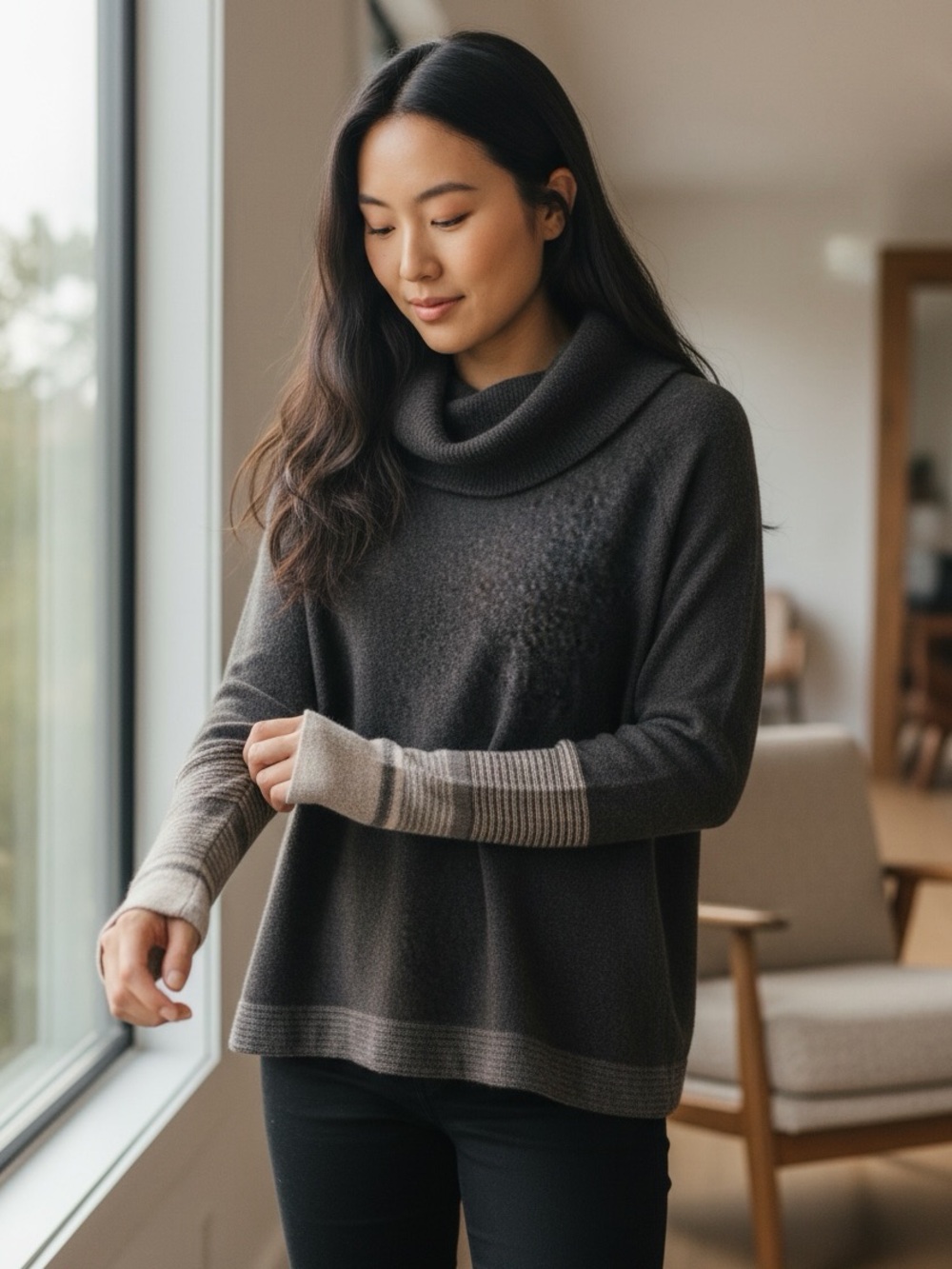 Cullen Cowl Neck Sweater in Dark Brown with Contrasting Striped Cuffs